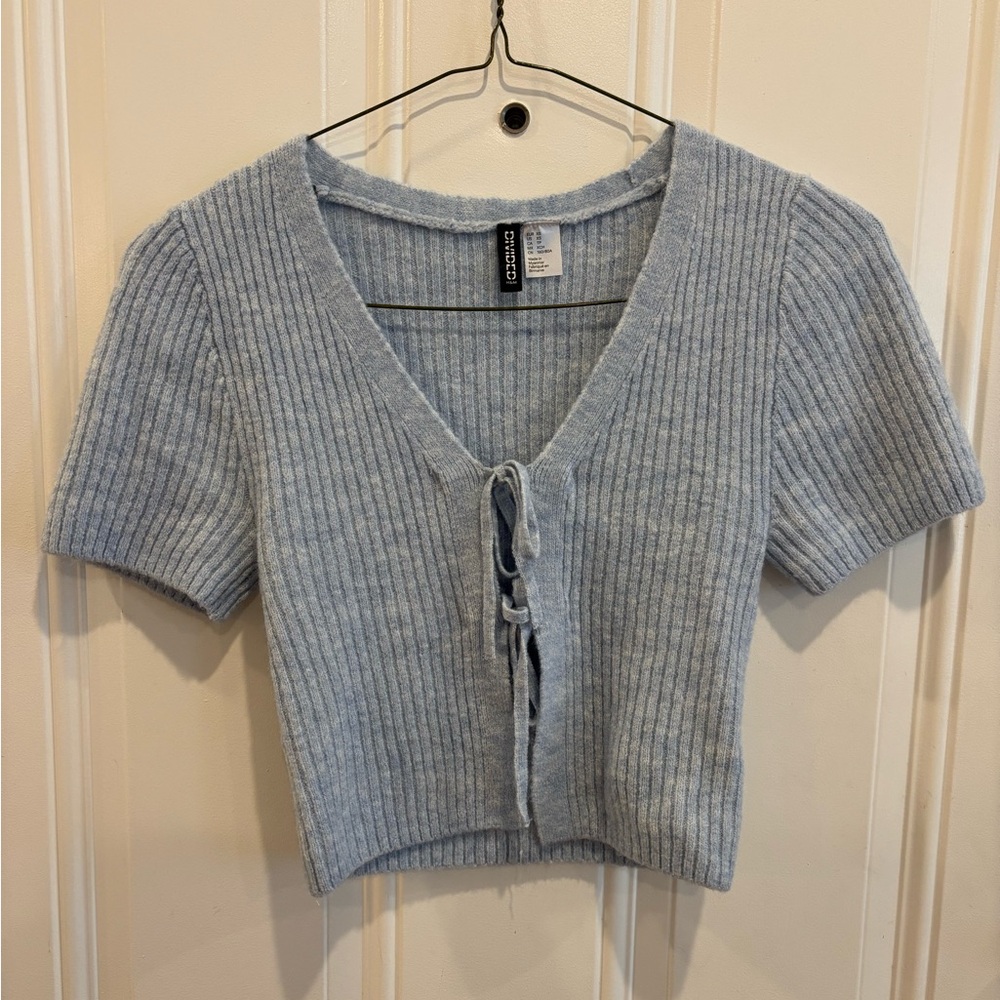 HM Light Blue Ribbed Tie-Front Short Sleeve Top XS